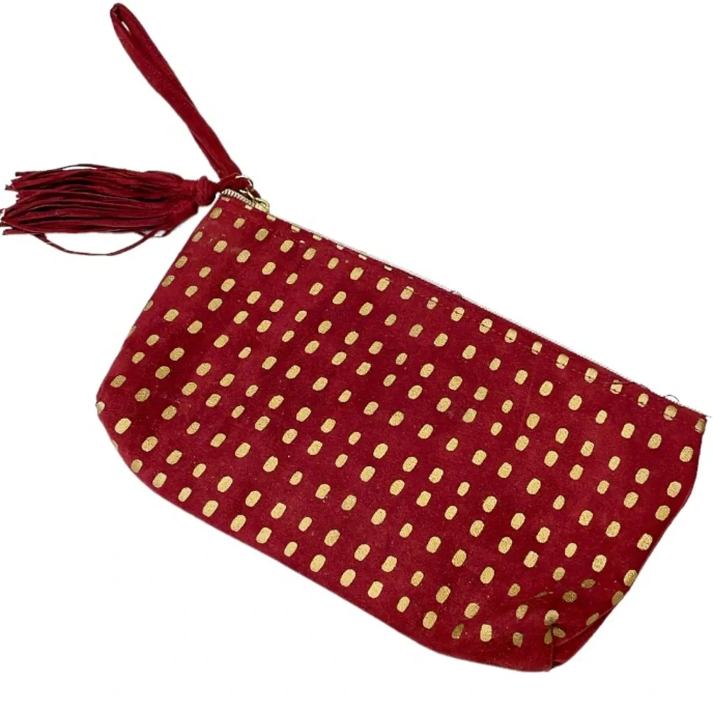 Kit & Luc maroon gold suede tassel zip cosmetics bag